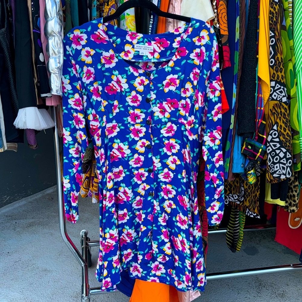 Mitsuko Diffusion Couture- Made in USA- Blue Hawaiian Floral Button Down Dress